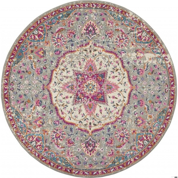 Homeroots 8 ft. Round Gray & Pink Medallion Area Rug 385525 - main